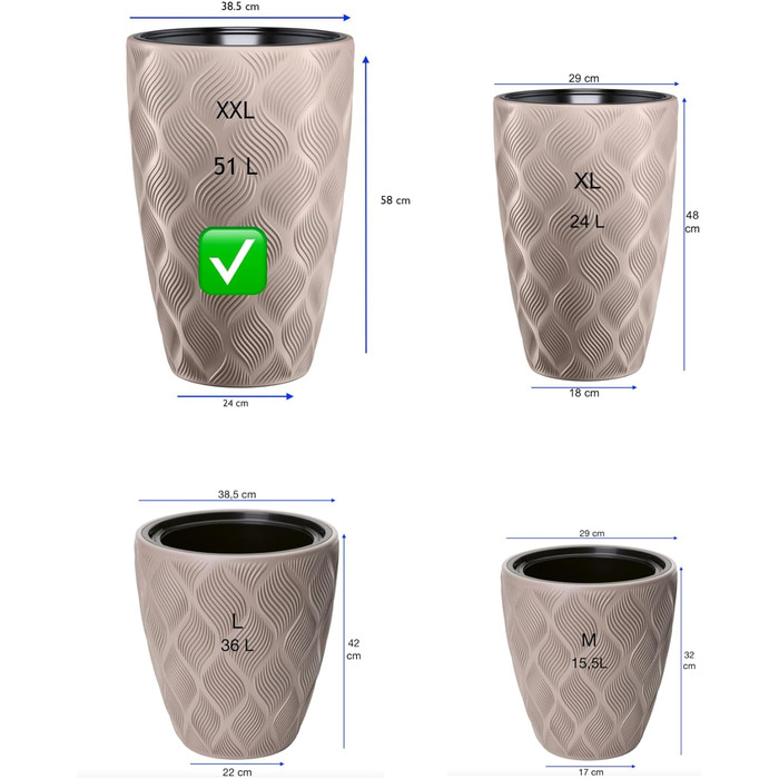 Квітчар MELTOM Blumenkübel XXL з винімним вкладишем, кругла форма, 3D ефект, декоративний (Taupe)