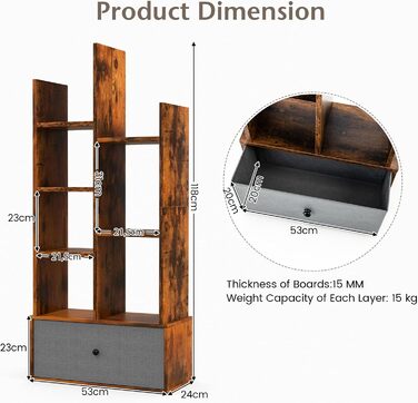 Книжкова шафа з 12 полицями та 2 висувними шухлядами, Дерев'яна офісна полиця, Стояча полиця з антинахилом, Полиця для зберігання для вітальні, кабінету, офісу (53 x 24 x 118 см, коричневий)