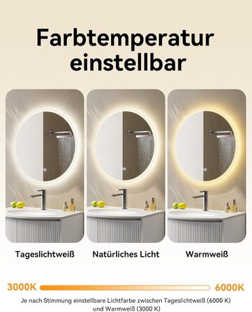 Дзеркало для ванної кімнати HOROW круглої форми з підсвічуванням, 80 см, LED, регулювання кольору світла (холодне, тепле, нейтральне), диммування, антизапар, без рами, IP44, енергозберігаюче (60x60 см)