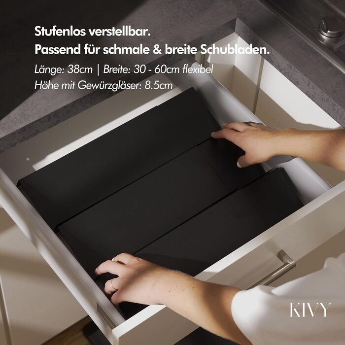 Спеція органайзер KIVY з полицями та 24 скляними баночками | Регульований, підходить для всіх ящиків | Скляні баночки з бамбуковими кришками (Чорний)