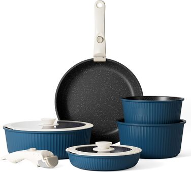 Набір каструль та сковорідок RIOVARM з індукційним дном та знімними ручками, з антипригарним покриттям (граніт), компактний, з силіконовими кришками, без PFOA