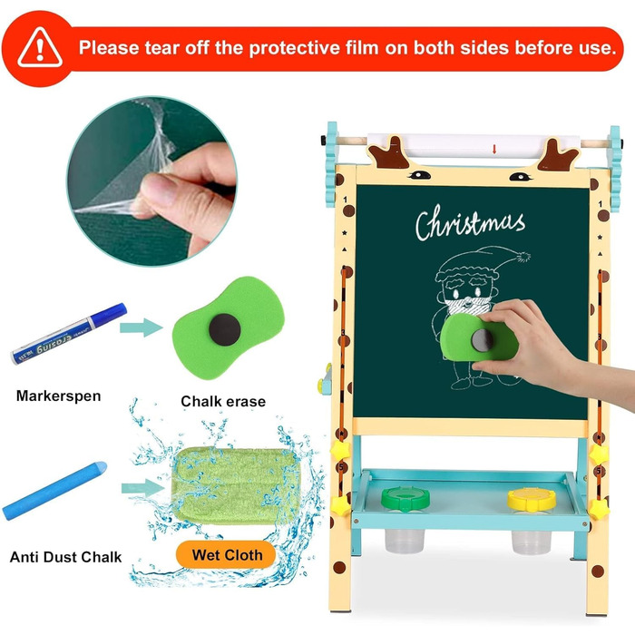 Дитяча мольберт Kinder-Kunst з підставкою для рулонів паперу, двосторонній, регульована висота 81–110 см, дошка для маркерів та крейди, мольберт-підставка з цифрами та аксесуарами, набір для малювання для малюків