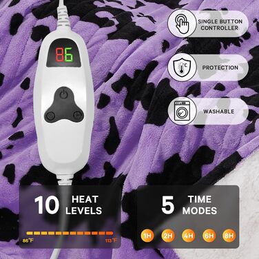 Електрична гріюча ковдра з принтом корови, повний розмір 183x213 см, фіолетова, 10 режимів нагріву, автоматичне вимкнення через 8 годин, флісова ковдра з декором гірської породи худоби, Sherpa