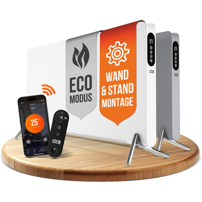 Електричний конвекторний обігрівач LEBENLANG з Wi-Fi, 2000W, білий. Економія енергії, дистанційне керування, підлоговий/настінний монтаж