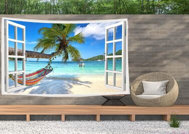 Вид на пляж Гамак з морськими пальмами - Плакат з гобелену - 200x150 см - Садовий плакат - Гобелен великий - прикраса для саду та вітальні