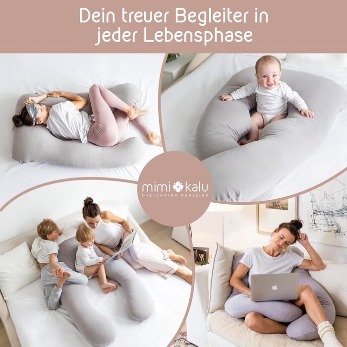 Подушка для сну на боці Mimi Kalu® Original з Memory Foam, 130 x 70 см, платиново-сіра | Подушка для вагітних, подушка для годування, м'яка подушка | З чохлом з 100% Soft-Cotton та маскою для сну