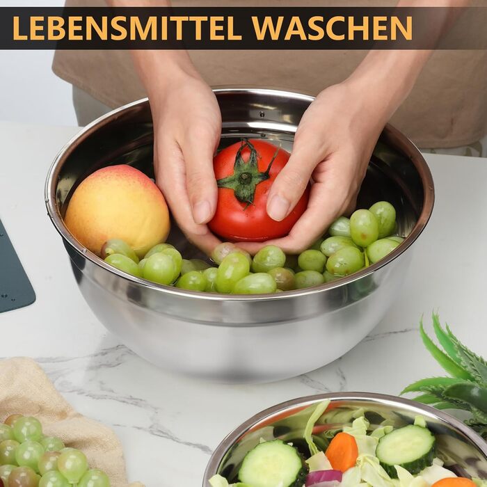 Набір місок для перемішування Hunnycook, 7 шт., нержавіюча сталь, з кришкою, для салатів, миття в посудомийній машині, 5L, 4.5L, 4L, 2.4L, 1.7L, 1.25L, 0.8L, сріблястий