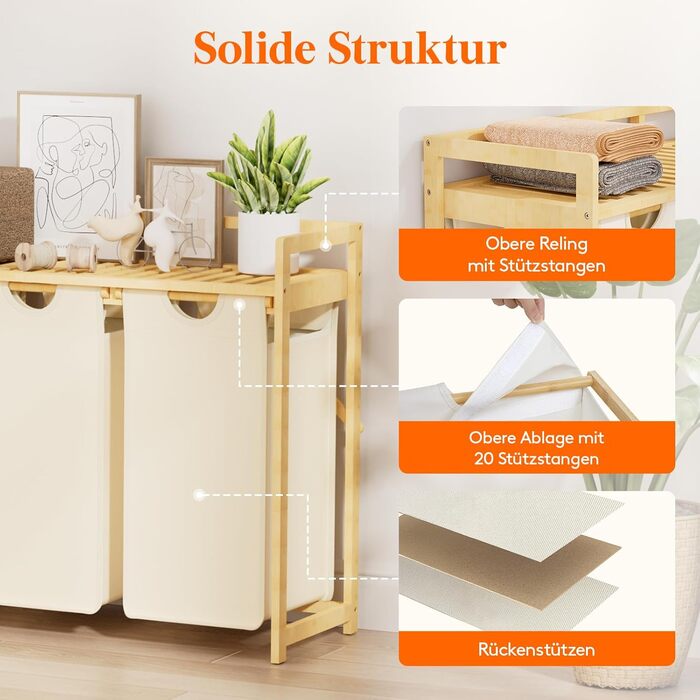 Кошик для білизни Lifewit з бамбуковим каркасом, 150 л, 3 відділення, білий. Сортер для одягу, рушників, іграшок. Розміри: 96 x 33.4 x 72 см