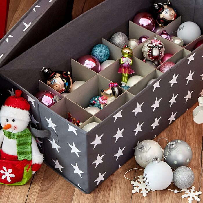 Коробка для зберігання новорічних дрібничок - Коробка для тканинних ялинкових іграшок - Посилена картоном - 30 відділень - Сіра з зірочками - 58x36x25 см