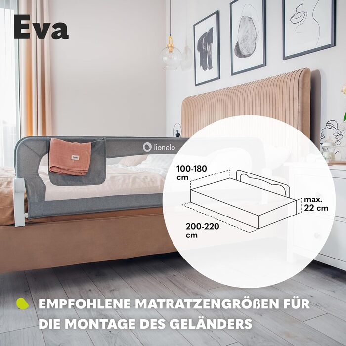 Бортик для ліжка Lionelo Eva захисний, 150 см, бежевий - сітка, складаний (180°), легкий монтаж