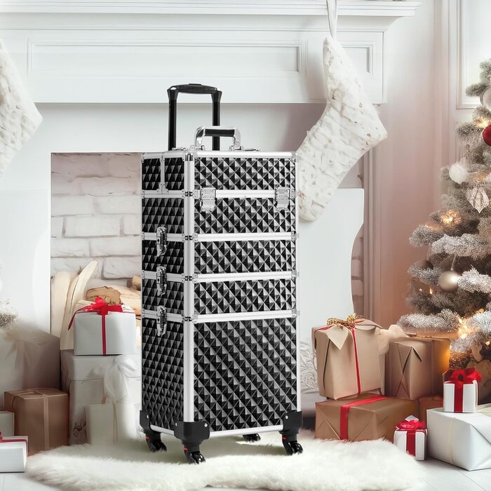 Ягетеч Косметичка-Тролі 4-в-1, Великий Косметичний Ящик для Макіяжу, Закривається на Замок, Багатофункціональний Ящик для Візажистів, Красота з Коліщатками та Висувною Шухлядою (Блискучий Чорний)