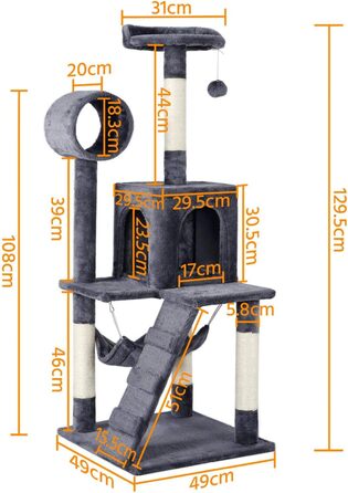 Котяче дерево Yaheetech 130 см Кігтеточка для котів Cat Tree, Котяча лазіння по дереву з оглядовим майданчиком Котяча печера Сизалеві стовбури, темно-сірі