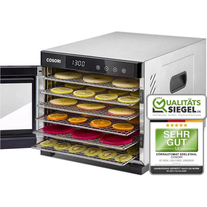 Сушарка для їжі COSORI з нержавіючої сталі, 6-ярусна, з 50 рецептами, 6 лотків, 3 сітки, 3 килимки, площа 0,6 м², таймер 48 год, LED-дисплей (35°-75°C), 650W