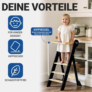 COSYAND Монтессорі стільчик-сходинка для дітей від 1 року, регульована висота, безпечний | Сходинка Монтессорі для кухні, сірий колір