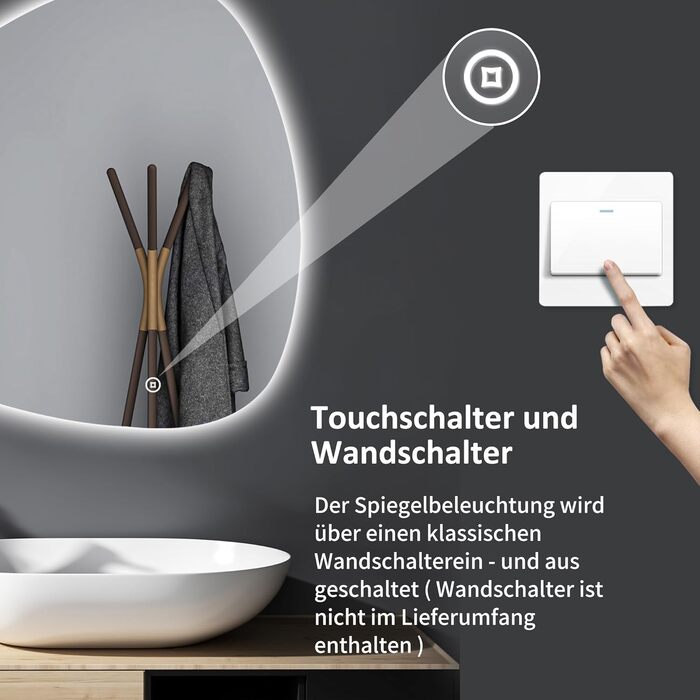 Дзеркало для ванної кімнати Badspiegel 70x50см з підсвічуванням 3 кольори, сенсорний вимикач, прямокутне, для ванної/вітальні, енергоклас A++