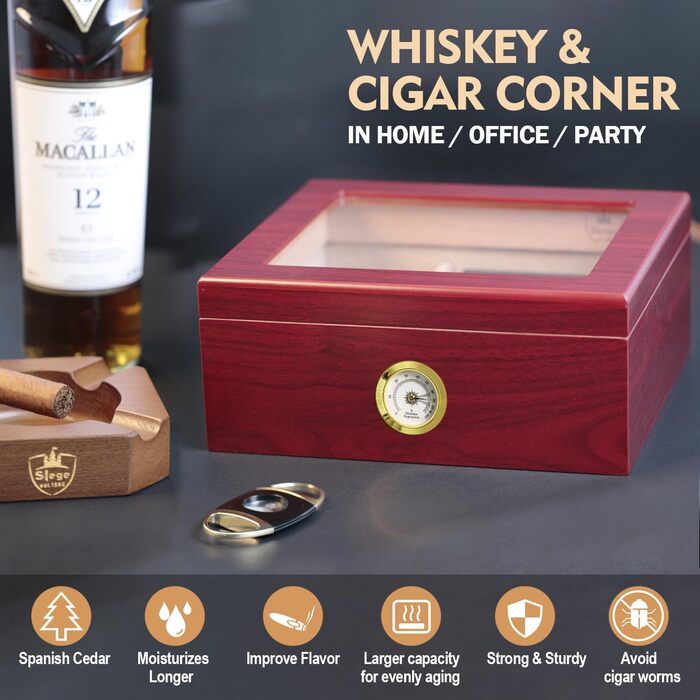 Вологостійкий вологомір для сигар, Humidor з іспанської кедру, коробка для сигар на 30-50 штук, аксесуар для чоловіків, подарунок (червоний)