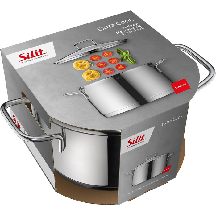 Набір кухонного посуду Silit Extra Cook: каструлі 16/20/24 см з кришками, ковшик 16 см, мірна шкала, широкий зливний край, придатний для миття в посудомийній машині, з нержавіючої сталі Crominox