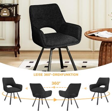 Ессі стільці 4 шт. поворотні 360°, з підлокітниками, металеві ніжки, для їдальні, вітальні, кухні, м'які, оксамитові, бежеві (1 поворотний, чорний)