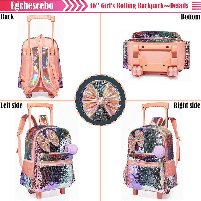 Дитячий рюкзак Egchescebo Satchel для дівчаток на колесах 17 3PCS Туристичні рюкзаки (Hudiejie-xiangbinse)