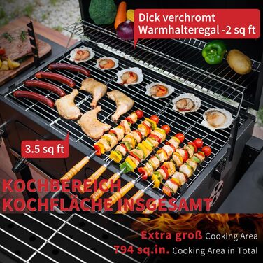 XXL вугільний гриль Grillwagen з кришкою, коптильня, гриль з колесами, ручка з нержавіючої сталі, грати, термометр, підлоговий гриль, 154.5 x 89 x 122 см