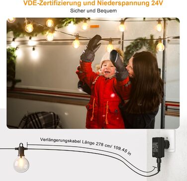 Льотна гірлянда Kawaya 10 метрів, LED, для вулиці, з 15+1 лампочками, IP65, вологостійка, тепле світло, для балкона, тераси, саду, вечірки, вологостійка