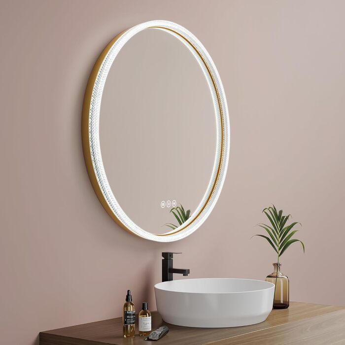 Дзеркало для ванної кімнати EMKE з підсвічуванням, 80 см, 3 кольори світла, регулювання яскравості, антизапар, сенсорне управління, функція пам'яті, енергозбереження, кругле, золотий фрейм (60x60 см)