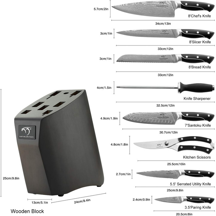 Набір кухонних ножів NANFANG BROTHERS з дамаської сталі 9 дюймів з дерев'яним блоком (дуб), професійний кухонний набір, VG10 сталь