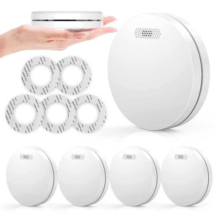 Набір димових сповіщувачів Rauchmelder 5шт. з батареєю на 10 років, плоскої форми, сертифіковані TÜV Rheinland, з функцією вимкнення звуку, 85dB, автономні, чутливі, білі