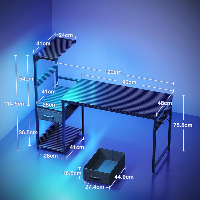 Ігровий стіл Coleshome з LED-підсвічуванням 120x48 см, з шухлядами та полицею, з підставкою для навушників, карбонове покриття чорного кольору