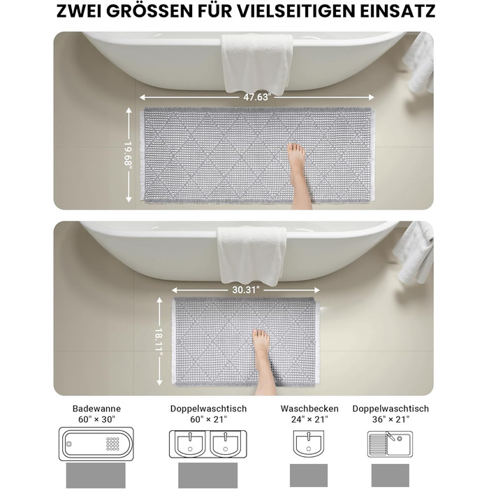 Набір килимків для ванної кімнати 2 шт. Boho стиль, сірий колір, 51x120 см + 46x77 см, нековзкі, для ванної та пральні