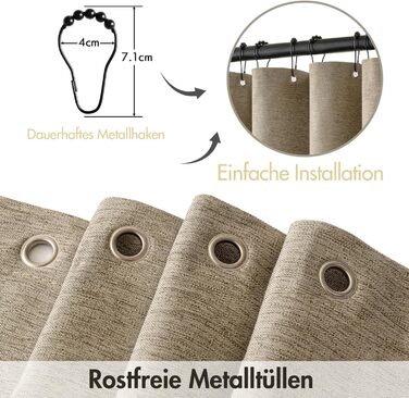 Шторка для душу MIULEE 120x200 см, льон, текстурована, з чорною окантовкою, готельний стиль, водонепроникна, антигрибкова, тканинна, з 8 кільцями, бежева