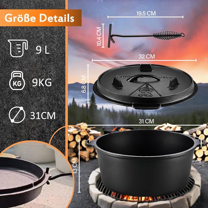 Нідерландський горщик (Dutch Oven), набір 9 літрів, чавунний горщик з кришкою-підйомником, 2-в-1, для приготування їжі на відкритому вогні та в приміщенні, чорний