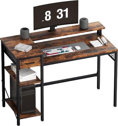 Ігровий стіл Oak & Tea 120x52 см з ящиками, регульованою полицею та тримачем для монітора – для навчання, ігор, роботи та дому. Колір: коричневий та чорний (вінтажний).