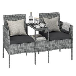 Садова лавка STEELSØN Velara з інтегрованим столиком - ротангова лавка для 2 осіб з подушками, вуличні меблі, стійкі до погодних умов, для тераси та балкона (сіро-меланжевий)