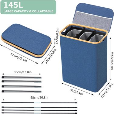 Кошик для білизни BRIAN & DANY з 3 відділеннями та кришкою, 145л, чорний/синій