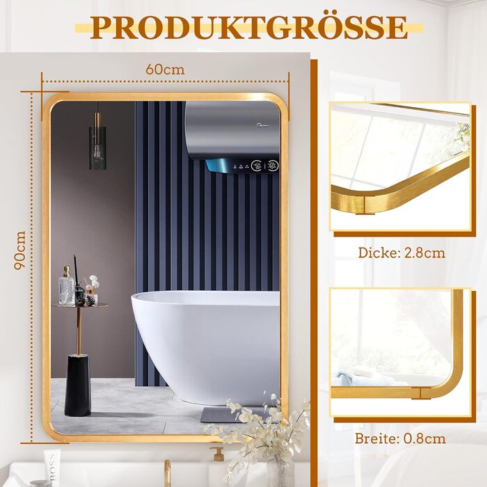 Дзеркало на стіну 60x90 см, золоте, для ванної, вітальні, спальні, прихожої