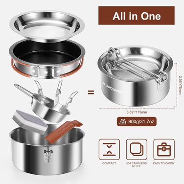 Набір посуду для кемпінгу Odoland: каструля, сковорода, тарілки, миски, столові прибори (10 шт.) з антипригарним покриттям та шкіряним чохлом