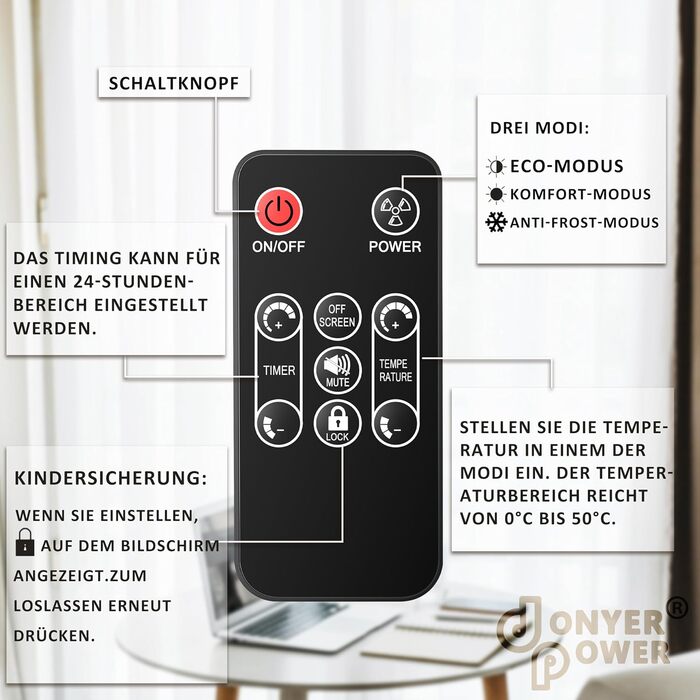 Конвектор DONYER POWER 2500W з Wi-Fi, таймером та пультом керування, чорний, з склопанеллю, для дому та офісу