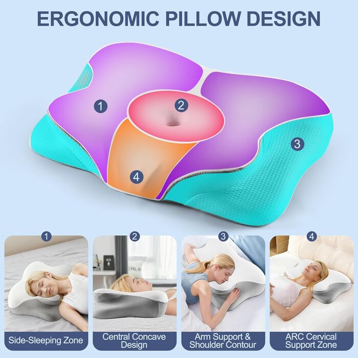 Ортопедична подушка для шиї Donama з memory foam, для сну та зняття болю в шиї та плечах, ергономічна подушка для сну на боці, спині та животі, білий/сірий колір, розмір 61x39x12 см