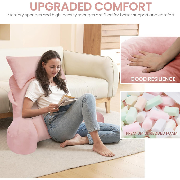 Портативне подушкове крісло для читання з підголовником (Oeko-Tex), м'яке крісло з підлокітниками та кишенями для дорослих, зручне ліжко-подушка з memory foam для гуртожитку (Рожевий, Преміум Великий)