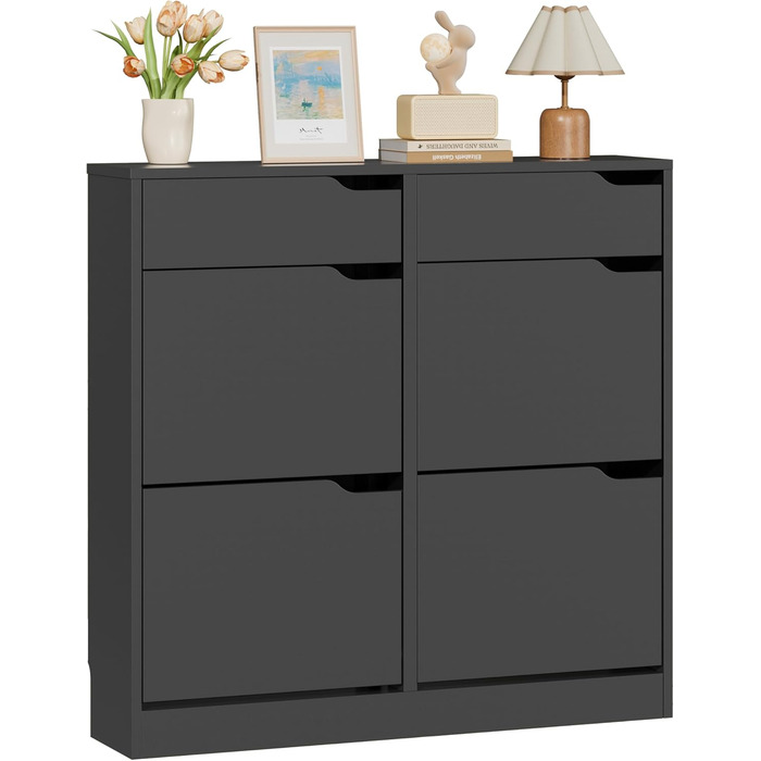 Шкаф для взуття IRONCK з 4 дверцятами, вузький, з 2 висувними ящиками, окремо стоячий, з регульованими перегородками, для передпокою, входу та вітальні (Білий) Білий (100x23.5x98см, Чорний)