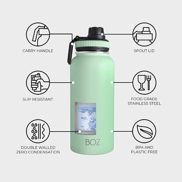 Пляшка для пиття з нержавіючої сталі BOZ XL (1 л / 32 Унції) з широкою шийкою, без бісфенолу А, з вакуумною ізоляцією з подвійними стінками (зелений)