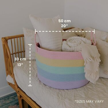 Кошик для іграшок та речей у дитячу кімнату OrganiHaus, великий плетений кошик з ручкою, складний та стійкий, для ковдр, іграшок та одягу, дизайн 'Райдуга', 50x33 см