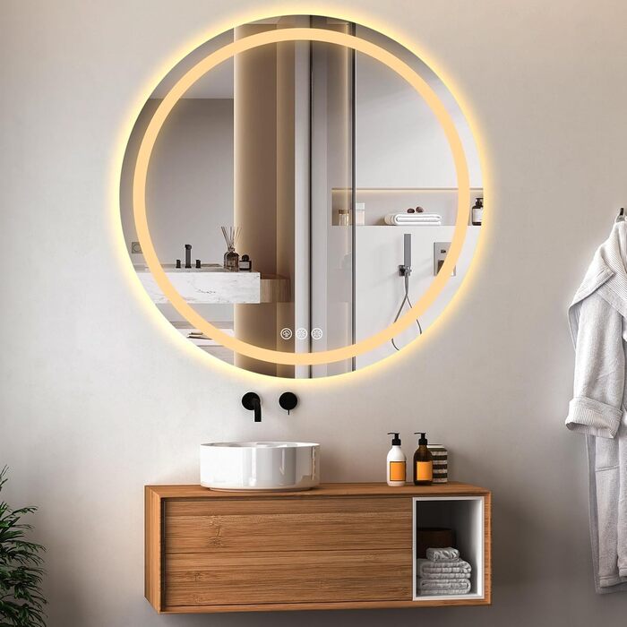 Дзеркало для ванної кімнати з підсвічуванням, 60 см, кругле, з антизапарюючим покриттям, регульоване, 3 кольори світла (80x80 см)