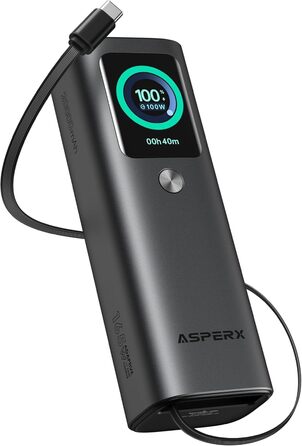 Power Bank AsperX 20000mAh, 165W, 2x USB-C (100W), для ноутбуків, iPhone, MacBook, Samsung, вбудований кабель 60см, TFT-дисплей