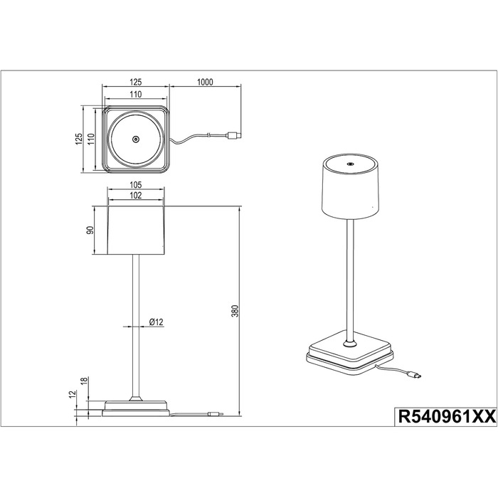 Освітлення LED Настільна лампа Fernando, батарея, USB-C, бездротова, IP54, сенсорний затемнений, 13x38см, 1 Вт, чорний матовий