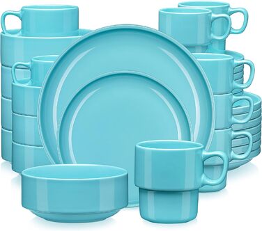 Порцеляновий столовий сервіз LOVECASA, комбінований сервіз із 16 предметів, набір столового посуду на 4 особи Обідні тарілки, чашки, десертні тарілки та миски (світло-блакитний, набір посуду з 32 предметів)