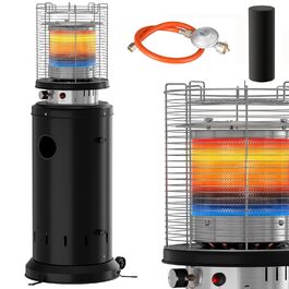 Газовий обігрівач для тераси TLSUNNY з захисною кришкою, на колесах, з піроелектричним запалом, чорний (Газовий балон не входить у комплект)