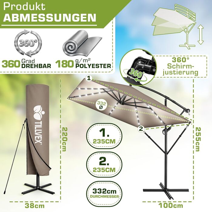 Прямокутна садова парасолька tillvex® Alu 330 см з LED-підсвіткою, ручкою та чохлом, колір Капучино — Алюмінієвий зонт-ампел з стійкою, захистом від вітру та UV-променів, водонепроникний, поворот на 360°