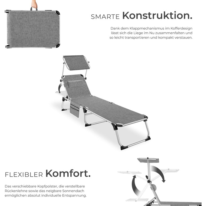 Шезлонг Tectake® з дахом, балконний шезлонг з алюмінію, складаний садовий шезлонг, стійкий до погодних умов, лежак для саду, кемпінгу та пляжу, регульована спинка, подушка для голови, бічна кишеня - сірий меланж